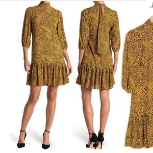 Nanette Lepore Drop Waist Pleated Hem Cheetah Print Dress in Black & Gold Sz 14